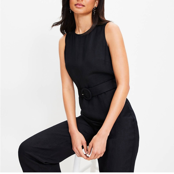 LOFT black linen jumpsuit romper wide leg pants belted Sz 6 - Picture 3 of 16
